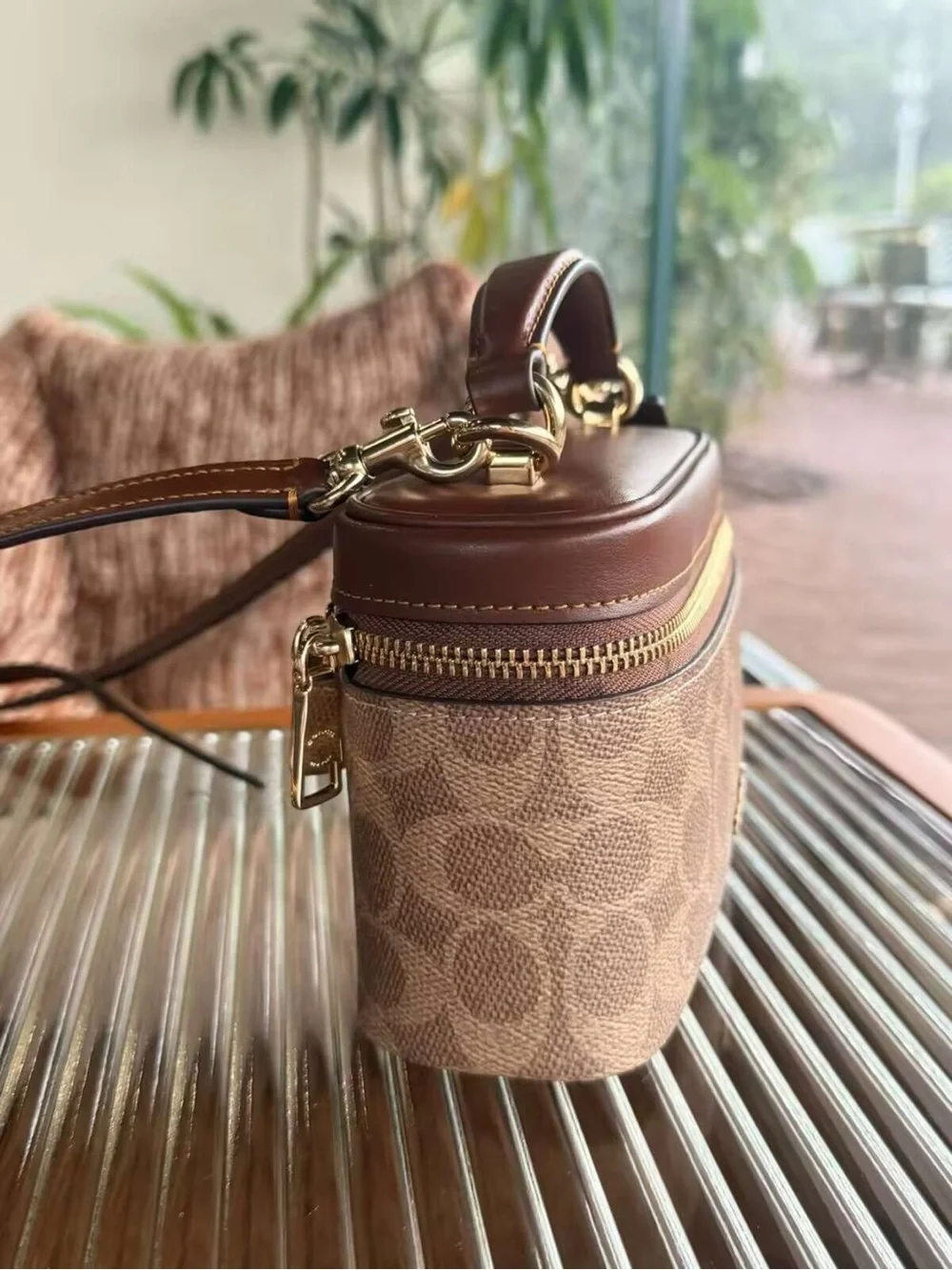 Coach Mini Vanity Crossbody in Signature Tan Canvas and Brown Leather
